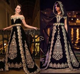 Black Velvet Moroccan Caftan Evening Dresses With Cloak cape gold lace Embroidery Crystal Prom Gowns karakou algerien