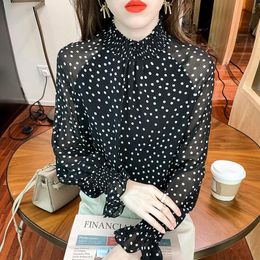 Women's Blouses & Shirts Korean Fashion Long Sleeve Polka Dot Chiffon Office Lady Clothing 2022 Summer Autumn Women Tops Thin Turtleneck Cas