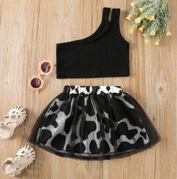 Toddler Baby Girl Clothes Sets Summer Solid Color Strap One Shoulder Crop Tops Cow Print Mesh Skirt set 2Pcs Outfits 0-4Y