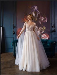 Elegant Cape Sleeve A Line Wedding Dress Boho Beach Tulle Bridal Gowns Fairy Floral Lace Appliques Long Illusion Bohemian Wedding Dresses