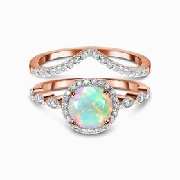 Gold Color Opal Ring for Women Fashion Inlaid Zircon Moonstone Wedding Rings Set Party Bridal Engagement Jewelry