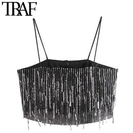 TRAF Women Sexy Fashion Fringing Sequin Crop Tank Tops Vintage Backless Thin Straps Female Camis Mujer 220318