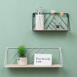 Wooden Iron Shelf Punch-free -mounted Storage Rack Hanging Kitchen Bedroom Organiser Holder Wall Decoration Shelves