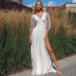 Bohomien Chiffon Wedding Dresses V Neck Long Sleeve Bridal Gown With Lace Appliques Side Split Country Marriage Robes 326 326