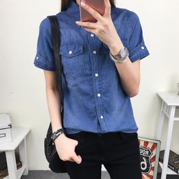 Women's Blouses & Shirts #3018 2022 Summer Cotton Denim Shirt Women Short Sleeve Slim Fit Preppy Style Casual Jeans Ladies Basic Blouse