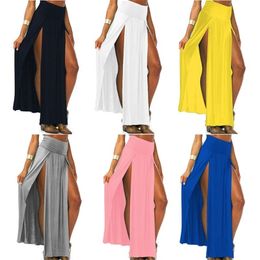 Womens High Waist Sexy Double Slit Front Open Knit Maxi Long Skirt Solid Colour Pleated Irregular Hem Beach Bikini Cover Up 220317