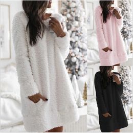 Round Neck Simple Fashion Casual Straight Plush Women Dress Autumn and Winter Comfortable Plush Warm Dresses Vestidos 220317