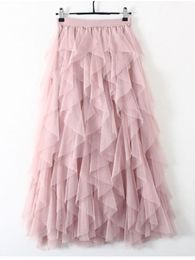 TIGENA Tutu Tulle Long Maxi Skirt Women Fashion Korean Cute Pink High Waist Pleated Skirt Mesh Female Lady Aesthetic Faldas 220527