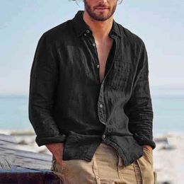 2022 Spring Summer Men Shirt Loose Solid Cotton Linen Long Sleeve Blouse Button Hawaiian Shirt Male Camisa Masculina Streetwear L220704