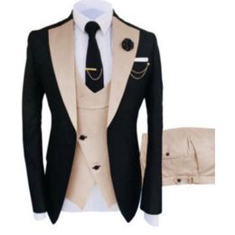 New Popular Black 3 Piece Suit Men Wedding Tuxedos Beige Notch Lapel Slim Fit Groom Tuxedos Men Dinner Prom Blazer(Jacket+Pants+Tie+Vest) 770