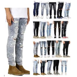 Men's Jeans European American High Street Hip-Hop Big Hole Male Zipper Graffiti Men Pencil Denim Pants Multi-StyleMen's