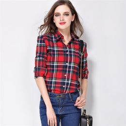 Women Shirt Blouses Plus Size Spring Flannel Cotton Long Sleeve Plaid Shirt Casual Female Loose College Style Tops 210226