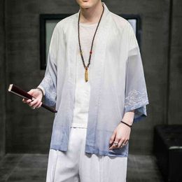 2022 Men Ice Silk Cardigan Shirt Men Chinese Style Open Stitch Outwear Man Robe Trench Sun Protection Tops L220706