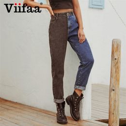 Viifaa Black and Blue Two Tone High Waist Denim Jeans for Women Zipper Fly Casual Ladies Straight Jeans 210302