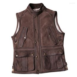 Men's Vests Cowhide Mens Genuine Leather Vest Vintage Safari Style Multiple Pockets Waistcoat Real Sleeveless Hunting Jackets Coats Guin22
