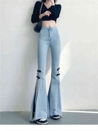 Blue High Waist Elastic Split Bowknot Jeans Women's Spring Summer Simple Tall Thin Slim Fit Mopping Flared Denim Trousers Female T220728