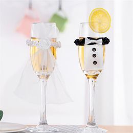 Wedding Decoration Cup Set Handmade Suit Wedding Dress Champagne Bride and Groom Champagne Glasses Bridal Shower Wedding BBF14256