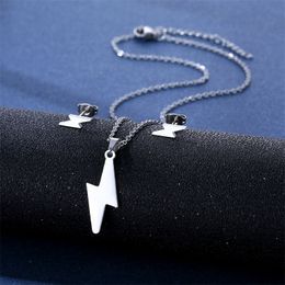 Fashion Lightning Pendant Necklace Stud Earrings Set Stainless Steel Chain Glossy Simple Jewelry Gift for Women men boy girl