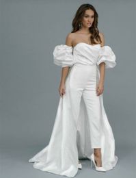Elegant Bridal Gowns Wedding Jumpsuits With Detachable Train White Satin Puff Sleeve Off Shoulder Strapless Country Beach Wedding Dress 2022