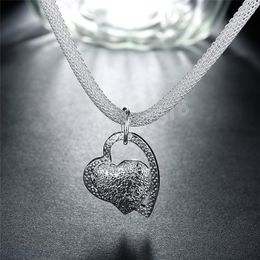 Fashion 925 Silver Necklace For Women Jewelry Net Chain Frosted Double Heart Pendant Christmas gifts Wedding