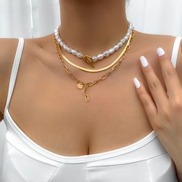 2022 Fashion Baroque Imitation Pearl Chain Choker Charm Flat Snake Chain Multi-Piece Combination Chain Necklace Party Jewelry