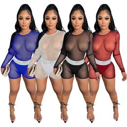 New Arrival Mesh See Through Tracksuits For Women Solid Long Sleeve Top And Sports Splicing Shorts Nightclub Two Piece Sets 8130