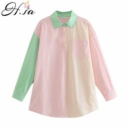 Hsa Women Summer Spring Long Sleeve Blouse and Tops Turn Down Collar Colourful Patchwork Shirts Chic Streetwear Loose Blusa 210716