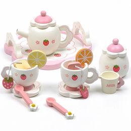 Girls Simulate Wooden Kitchen Toys Pink Tea Set Play House Educational Toy Tools Baby Early Education Puzzle Tableware Gift 220321