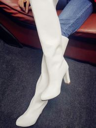 Real Pics Stylisy Paris Matte Leather Thick Chunky Heels Boots Women Zipper Tight Knee High Botas Sexy White Leather Tall Boots