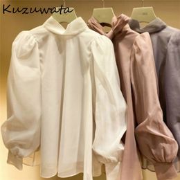kuzuwata Autumn Japan Style All-match Women Blouse Sweet Stand Collar Puff Sleeve Chiffon Shirt Chic Bow Drawstring Blusas 210226