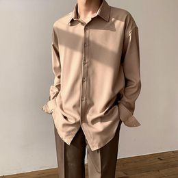 Men's Casual Shirts Solid Colour High-grade Silky Drape Khaki Long Sleeve Shirt For Men Loose Wild Button Up Korean ClothesMen's