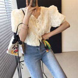 Women's Blouses & Shirts Pearls Buttons 3D Rose Floral Shirt Women Summer Black Apricot Sweet Casual V-neck Puff Sleeve Tops Harajuku Blusas