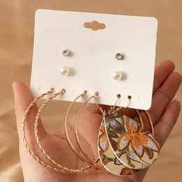 Hoop & Huggie Pair Creative Retro Earring Set For Women Bohemia Gold Big Hoops Pearl Crystal Leather Flower Print Earrings JewelryHoop