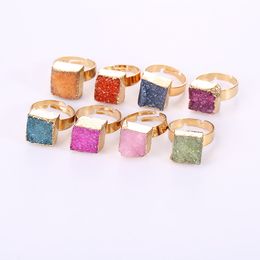 Natural Crystal Druzy Stone Adjustable Square Shape Rings For Women Men Party Club Decor Gold Plated Fashion Jewellery