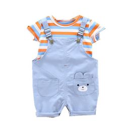 Clothing Sets Summer Children Cotton Baby Boy Girl Clothes Cartoon Stripe T Shirts Bib Shorts 2Pcs/sets Infant Kids Fashion Toddler Tracksui