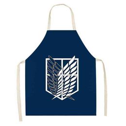 Japanese Anime Printed Linen Kitchen Apron Female Home Cooking Kitchen Apron Household Cleaning Tools Restaurant Chef Apron 1Pcs Y220426