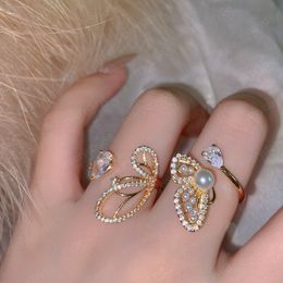 Korean Delicate Zircon Butterfly Adjustable Rings For Women Girls Elegant Pearl Finger Ring Wedding Jewellery Gifts