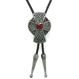 Bow Ties 5pcs/Lot Wholesale Vintage Western Cowboy Bolo Tie For Men Black Leather With Metal CelticCross Knot Keltic Red Stone DecorationBow