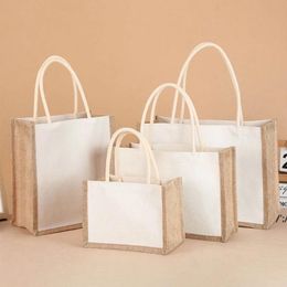 Reuseable Burlap Jute Tote Shopping Bag with Sturdy Handle Women Casual Large Capacity Travel Beach Storage Organizer Handbag JLF14411
