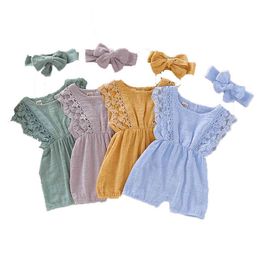 Summer Baby Girl Rompers Newborn Baby Clothes Toddler Flare Sleeve Solid Lace Design Romper Jumpsuit With Headband G220510