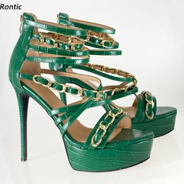 Rontic New Women Platform Sandals Stone Pattern Sexy Chain Stiletto Heels Open Toe Beautiful Green Party Shoes US Size 5-20