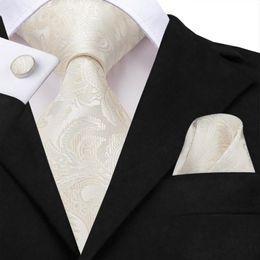 Bow Ties Ivory Champagne Paisley Silk Wedding Tie For Men Handky Cufflink Gift Mens Necktie Fashion Design Business Party Dropship Hi-TieBow