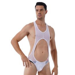 1X Men Sheer Splice Bodysuit Mesh See Through Jumpsuit Leotard Nightwear Gay New