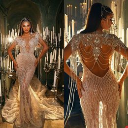 Luxury Wedding Dress Mermaid Sparkly Crystal Beaded Tassel Sheer Neck Diamonds Design Bride Gowns Illusion Backless Custom Made robes de mariée