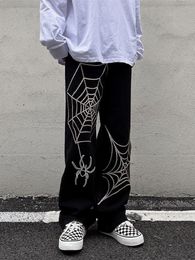 Grunge Punk Spider Web Print Black Womens Pants Goth Streetwear Oversize Wide Leg Trousers 90s Vintage Y2k Clothes Cargo