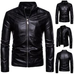 Men's Jackets Men Faux Leather Solid Colour Stand Collar Long Sleeve Zip Motorcycle Jacket CoatMen's