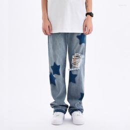 Men's Jeans Men Trend Ripped Five-pointed Star Pattern Loose Straight Trousers Ins Boyfriend Printed SoftenerMen's Heat22
