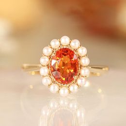 Dangle & Chandelier Original S925 Silver Orange Ruby Oval Ladies Ring Open Pearl Light Luxury Sweet And Fresh To Attend The Wedding JewelryD