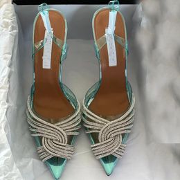 Designer Women Sandals Rhinestone Crystal Embellished Women's Luxurys Dress Shoes Slides PVC Pumps Heels Spools Ankle Cross Strap With Box 361
