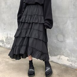 HOUZHOU Black Long Skirts Women Gothic High Low Ruched Ruffle Waisted Asymmetrical Midi Skirt Korean Fashion Goth Grunge 220317